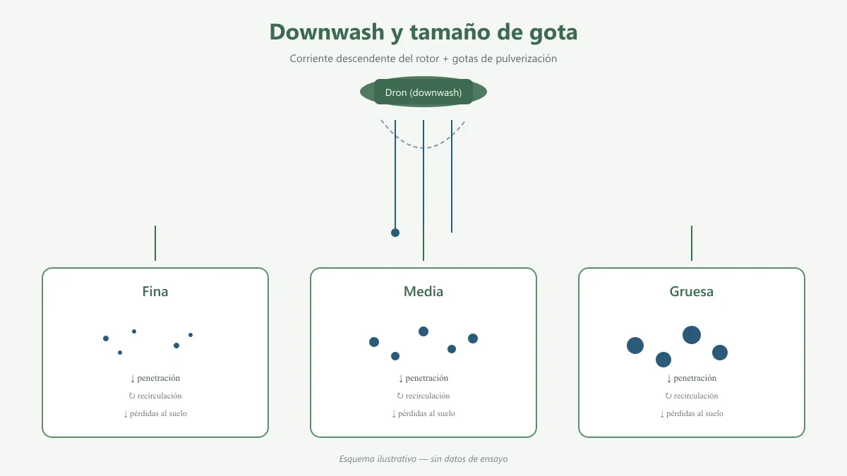 Esquema de downwash, tamaño de gota, penetración en copa y pérdidas al suelo en pulverización con dron