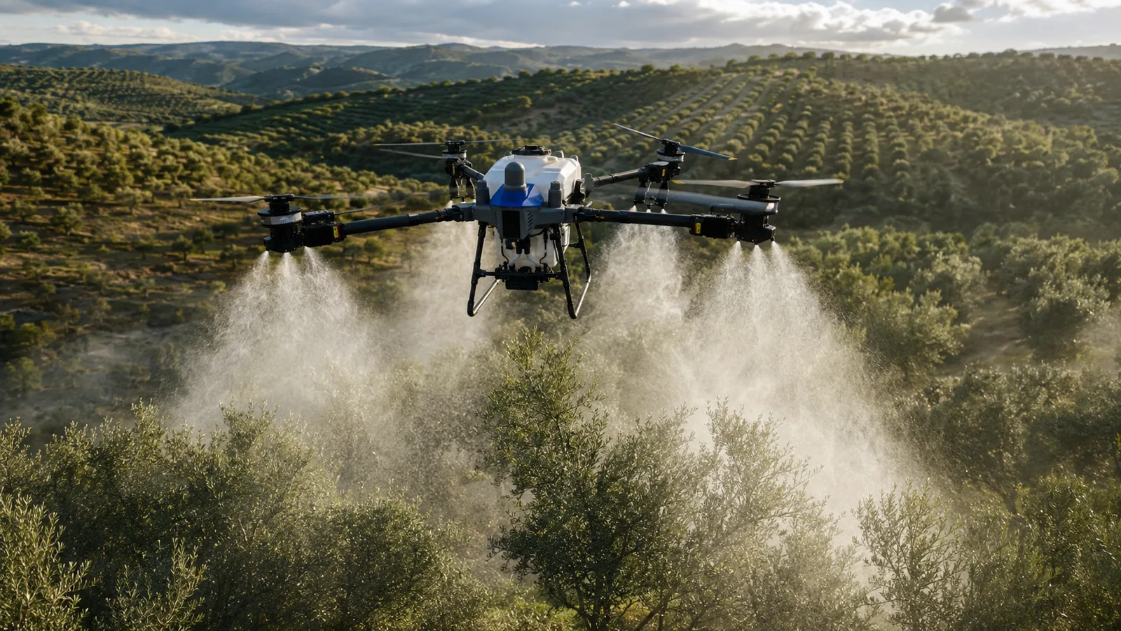 EAVision J150 pulverizando a baja altura sobre un cultivo agrícola