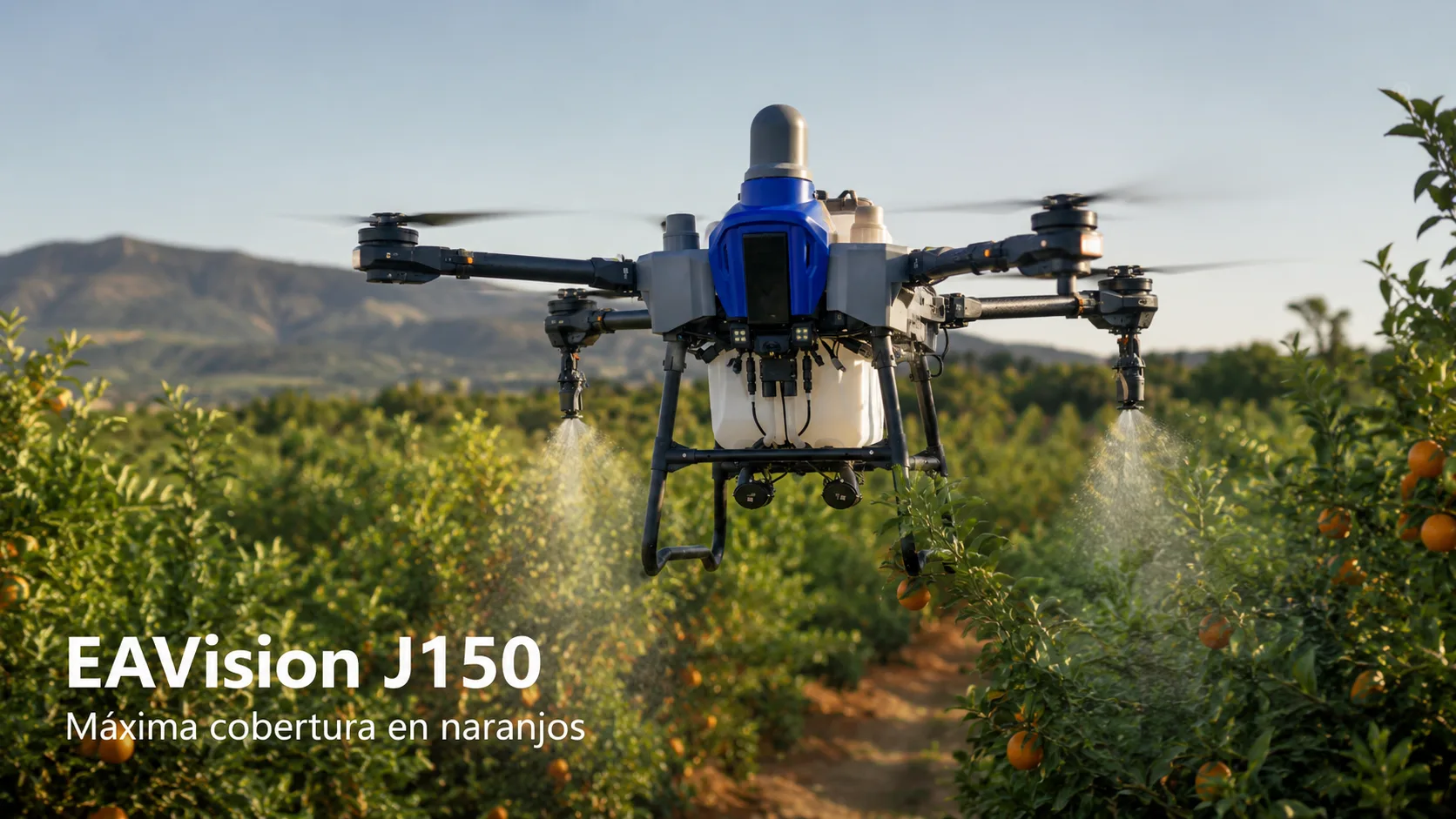 EAVision J150 pulverizando sobre árboles en una zona de pendiente