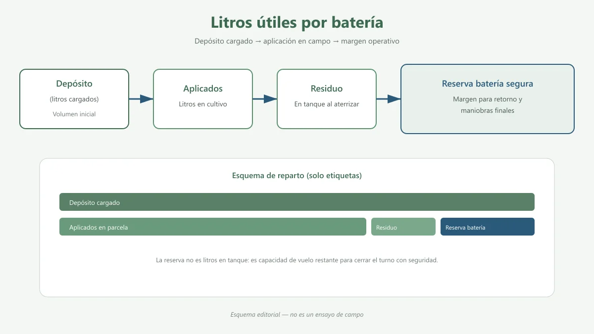 Esquema de litros útiles por batería: depósito cargado, litros aplicados, residuo y reserva energética